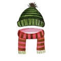 Knitted hat and scarf, red and green watercolor sticker object isolated doodle art design stock vector illustration